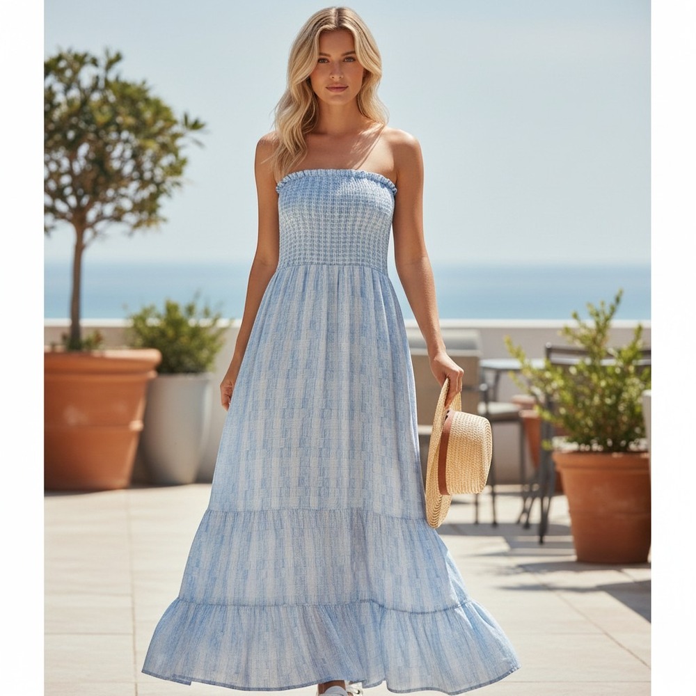 4OUR DREAMERS Blue Strapless Smocked Maxi Dress Tiered Coastal Boho